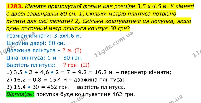 1283. Кімната прямокутної форми має розміри 3,5 х 4,6 м. У кімнаті є двері завширшки 80 см. 1) Скільки метрів плінтуса потрібно купити — ГДЗ Математика 6 клас Істер 2023 1-2 ч.
