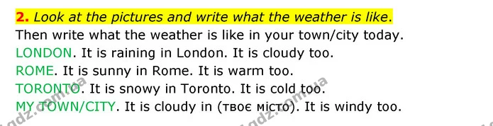 2. Look at the pictures and write what the weather is like. — ГДЗ Робочий зошит Англійська мова 5 клас Карпюк