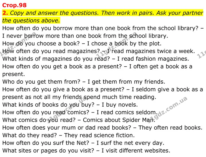2. Copy and answer the questions. Then work in pairs. Ask your partner the questions above. — ГДЗ Англійська мова 8 клас Карпюк 2025