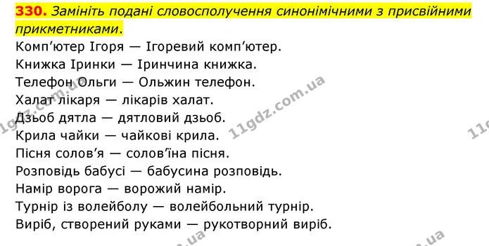 330. Замініть подані словосполучення синонімічними з присвійними прикметниками. — ГДЗ Українська мова 6 клас Голуб 2023