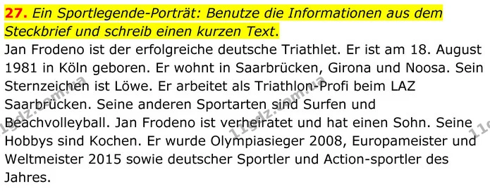 27. Ein Sportlegende–Porträt: Benutze die Informationen aus dem Steckbrief und schreib einen kurzen Text. — ГДЗ робочий зошит Німецька мова 8 клас Басай