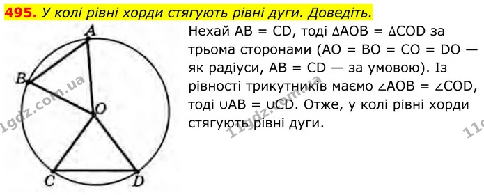 495. У колі рівні хорди стягують рівні дуги. Доведіть. — ГДЗ Геометрія 8 клас Бурда