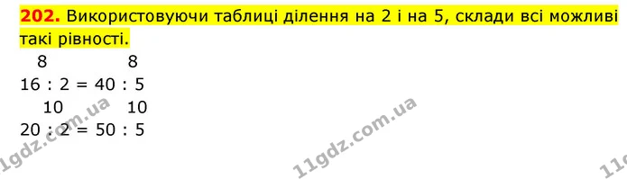 202. Використовуючи таблиці ділення на 2 і на 5, склади всі можливі такі рівності. — ГДЗ Математика 3 клас Будна 1-2 ч.