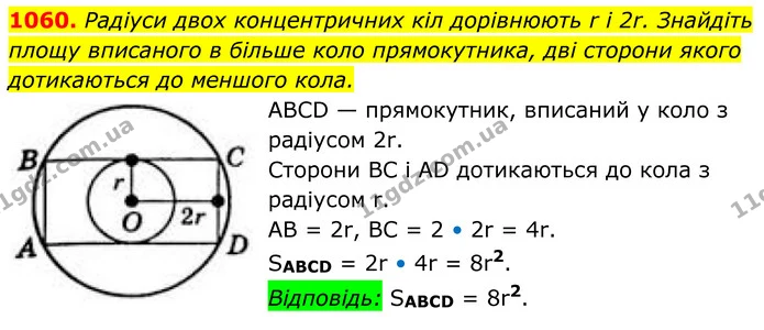 1060. Радіуси двох концентричних кіл дорівнюють r і 2r. Знайдіть площу вписаного в більше коло прямокутника, дві сторони якого — ГДЗ Геометрія 8 клас Бевз