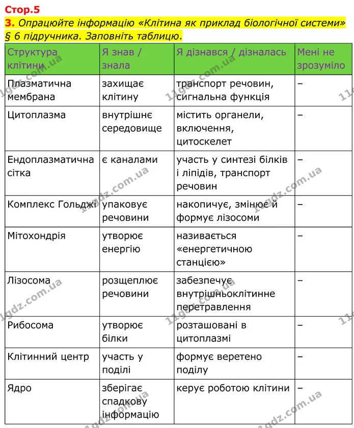 3. Опрацюйте інформацію «Клітина як приклад біологічної системи» § 6 підручника. Заповніть таблицю. — ГДЗ Робочий зошит Біологія 8 клас Кулініч