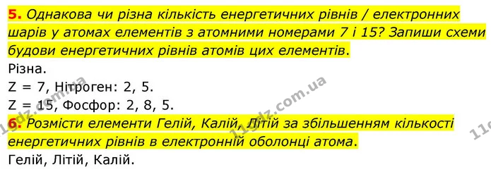 5. Однакова чи різна кількість енергетичних рівнів / електронних шарів у атомах елементів з атомними номерами 7 і 15? Запиши схеми — ГДЗ Хімія 8 клас Ярошенко