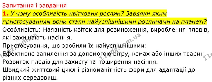 1. У чому особливість квіткових рослин? Завдяки яким пристосуванням вони стали найуспішнішими рослинами на планеті? — ГДЗ Біологія 7 клас Тагліна