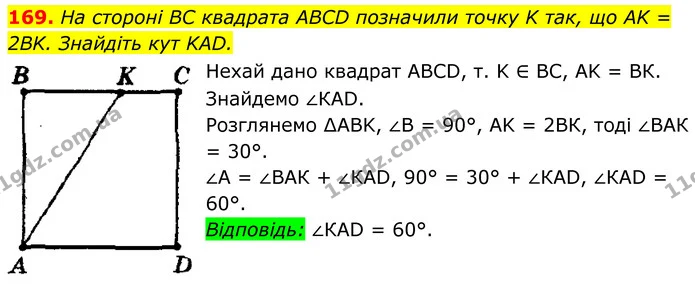 169. На стороні BC квадрата ABCD позначили точку K так, що AK = 2BK. Знайдіть кут KAD. — ГДЗ Геометрія 8 клас Мерзляк