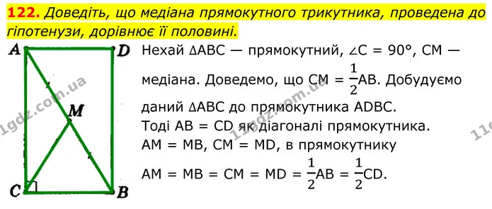 122. Доведіть, що медіана прямокутного трикутника, проведена до гіпотенузи, дорівнює її половині. — ГДЗ Геометрія 8 клас Мерзляк