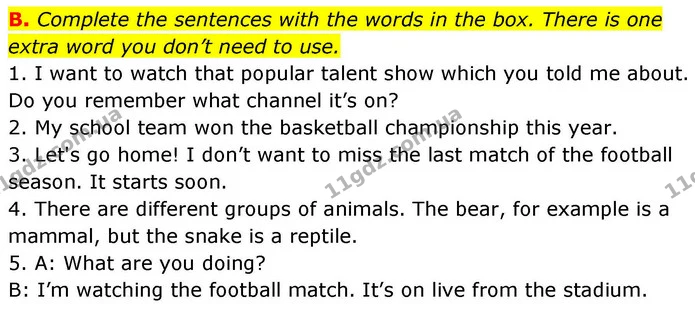 B. Complete the sentences with the words in the box. There is one extra word you don’t need to use. — ГДЗ робочий зошит Англійська мова 7 клас Мітчелл