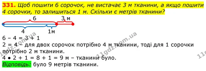 331. Щоб пошити 6 сорочок, не вистачає 3 м тканини, а якщо пошити 4 сорочки, то залишиться 1 м. Скільки є метрів тканини? — ГДЗ Математика 3 клас Лишенко (1, 2 частина)
