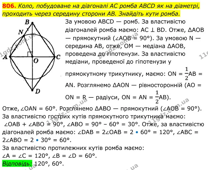 806. Коло, побудоване на діагоналі AC ромба ABCD як на діаметрі, — ГДЗ Геометрія 8 клас Мерзляк