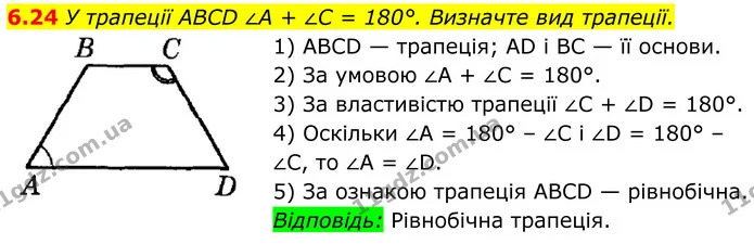 6.24 У трапеції ABCD ∠A + ∠C = 180°. Визначте вид трапеції. — ГДЗ Геометрія 8 клас Істер
