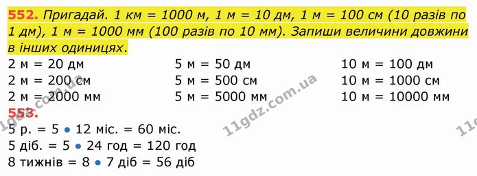552. Пригадай. 1 км = 1000 м, 1 м = 10 дм, 1 м = 100 см (10 разів по 1 дм), 1 м = 1000 мм (100 разів по 10 мм). Запиши величини довжини — ГДЗ Математика 4 клас Заїка