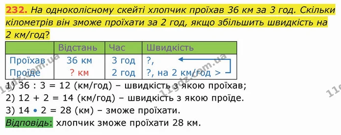 232. На одноколісному скейті хлопчик проїхав 36 км за 3 год. Скільки кілометрів він зможе проїхати за 2 год, якщо збільшить швидкість — ГДЗ Математика 4 клас Лишенко 1-2 ч.