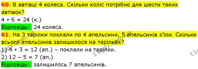 60. В автівці 4 колеса. Скільки коліс потрібно для шести таких автівок? — ГДЗ Математика 3 клас Козак 1-2 ч.