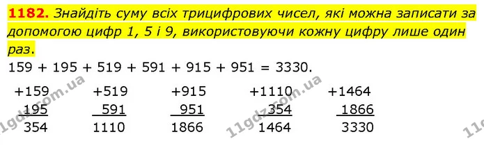 1182. Знайдіть суму всіх трицифрових чисел, які можна записати за допомогою цифр 1, 5 і 9, використовуючи кожну цифру лише один раз. — ГДЗ Математика 5 клас Кравчук