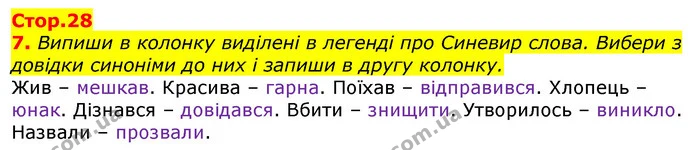 7. Випиши в колонку виділені в легенді про Синевир слова. Вибери з довідки синоніми до них і запиши в другу колонку. — ГДЗ Українська мова 3 клас Пономарьова 2020