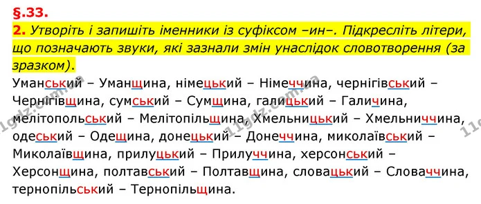 2. Утворіть і запишіть іменники із суфіксом –ин–. Підкресліть літери, що позначають звуки, які зазнали змін унаслідок словотворення (за — ГДЗ Українська мова 6 клас Авраменко