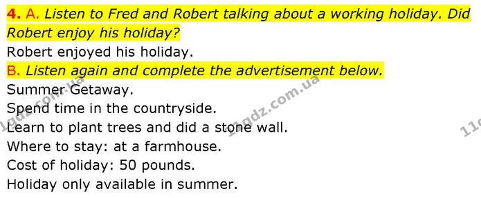 4. A. Listen to Fred and Robert talking about a working holiday. Did Robert enjoy his holiday? — ГДЗ Англійська мова 7 клас Мітчелл