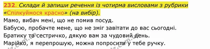 232. Склади й запиши речення із чотирма висловами з рубрики «Спілкуймося красно» (на вибір). Мамо, вибач мені, що не помив посуд. — ГДЗ Українська мова та читання 4 клас Захарійчук