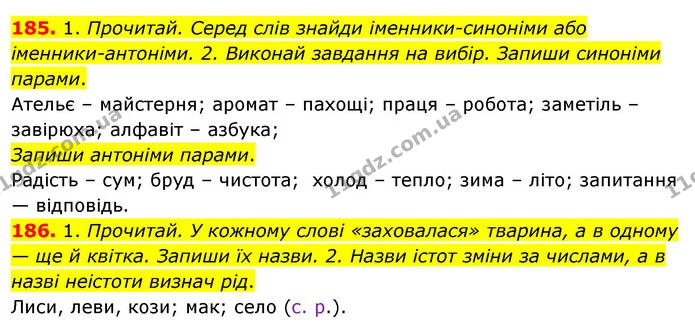 185. 1. Прочитай. Серед слів знайди іменники-синоніми або іменники-антоніми. 2. Виконай завдання на вибір. Запиши синоніми парами. — ГДЗ Українська мова та читання 3 клас Кравцова (1 частина)
