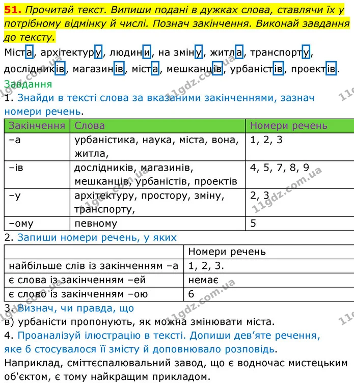 51. Прочитай текст. Випиши подані в дужках слова, ставлячи їх у потрібному відмінку й числі. Познач закінчення. Виконай завдання до — ГДЗ Українська мова 6 клас Онатій