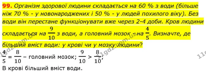 99. Організм здорової людини складається на 60 % з води (більше ніж 70 % – у новонароджених і 50 % – у людей похилого віку). Без води — ГДЗ Математика 6 клас Біос 1-2 ч.