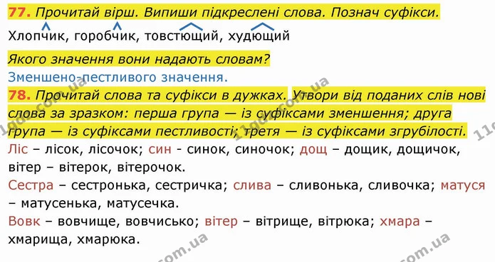 77. Прочитай вірш. Випиши підкреслені слова. Познач суфікси. Хлопчик, горобчик, товстющий, худющий — ГДЗ Українська мова та читання 4 клас Захарійчук