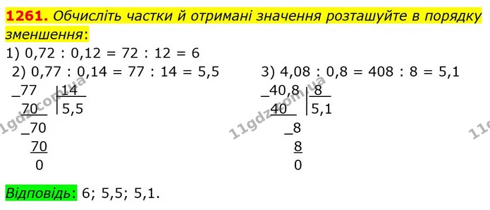 1261. Обчисліть частки й отримані значення розташуйте в порядку зменшення: — ГДЗ Математика 5 клас Тарасенкова 2022