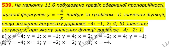 539. На малюнку 11.6 побудовано графік оберненої пропорційності, — ГДЗ Алгебра 8 клас Бевз