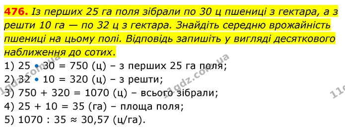 476. Із перших 25 га поля зібрали по 30 ц пшениці з гектара, а з решти 10 га — по 32 ц з гектара. Знайдіть середню врожайність пшениці — ГДЗ Математика 6 клас Кравчук 2023