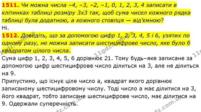 1511. Чи можна числа –4, –3, –2, –1, 0, 1, 2, 3, 4 записати в клітинках таблиці розміру 3x3 так, щоб сума чисел кожного рядка таблиці — ГДЗ Математика 6 клас Кравчук 2023