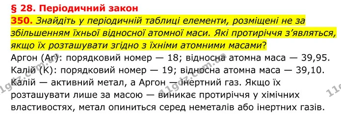 350. Знайдіть у періодичній таблиці елементи, розміщені не за збільшенням їхньої відносної атомної маси. Які протиріччя з’являться — ГДЗ Хімія 8 клас Григорович
