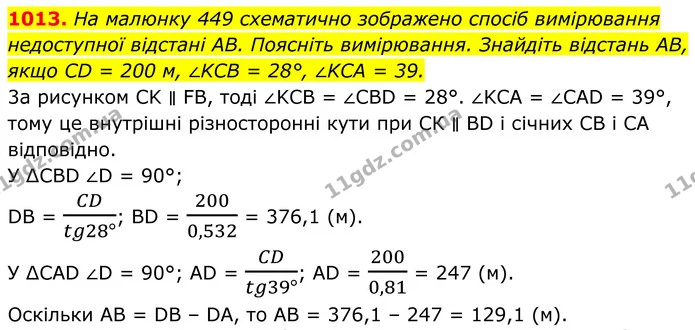 1013. На малюнку 449 схематично зображено спосіб вимірювання недоступної відстані AB. Поясніть вимірювання. Знайдіть відстань AB, якщо — ГДЗ Геометрія 8 клас Бурда