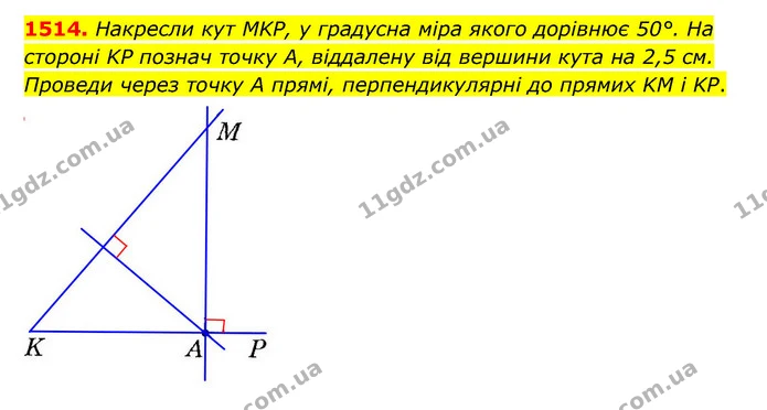 1514. Накресли кут MKP, y градусна міра якого дорівнює 50°. На стороні KP познач точку А, віддалену від вершини кута на 2,5 см. Проведи — ГДЗ Математика 6 клас Істер 2023 1-2 ч.
