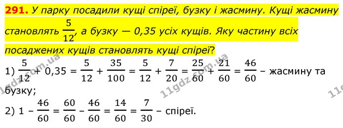 291. У парку посадили кущі спіреї, бузку і жасмину. Кущі жасмину становлять 512, а бузку — 0,35 усіх кущів. Яку частину всіх посаджених — ГДЗ Математика 6 клас Кравчук 2023