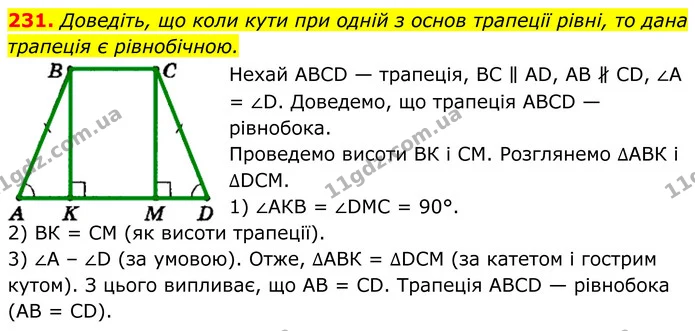 231. Доведіть, що коли кути при одній з основ трапеції рівні, то дана трапеція є рівнобічною. — ГДЗ Геометрія 8 клас Мерзляк
