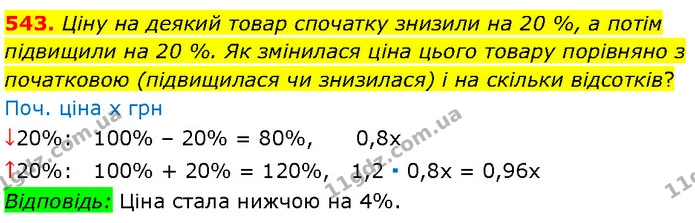 543. Ціну на деякий товар спочатку знизили на 20 %, а потім підвищили на 20 %. Як змінилася ціна цього товару порівняно з початковою — Алгебра 7 клас Мерзляк 2024