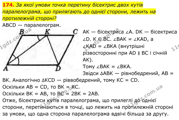 174. За якої умови точка перетину бісектрис двох кутів паралелограма, що прилягають до однієї сторони, лежить на протилежній стороні? — ГДЗ Геометрія 8 клас Бурда