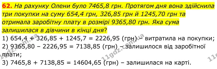 62. На рахунку Олени було 7465,8 грн. Протягом дня вона здійснила три покупки на суму 654,4 грн, 326,85 грн й 1245,70 грн та отримала — ГДЗ Математика 6 клас Біос 1-2 ч.