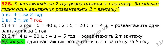 526. 5 вантажників за 2 год розвантажили 4 т вантажу. За скільки годин один вантажник розвантажить 2 т вантажу? — ГДЗ Математика 3 клас Лишенко (1, 2 частина)