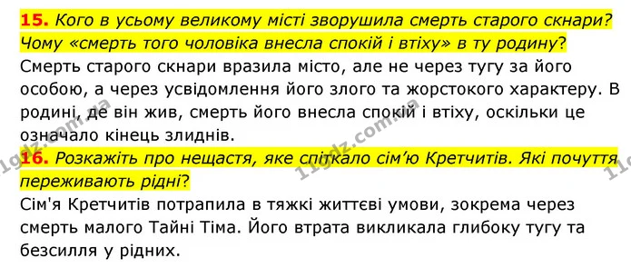 15. Кого в усьому великому місті зворушила смерть старого скнари? Чому «смерть того чоловіка внесла спокій і втіху» в ту родину? — ГДЗ Зарубіжна література 6 клас Міляновська