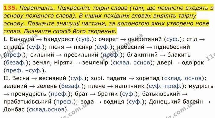 135. Перепишіть. Підкресліть твірні слова (такі, що повністю входять в — ГДЗ Українська мова 6 клас Глазова