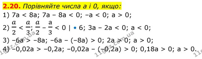 2.20. Порівняйте числа a і 0, якщо: — ГДЗ Алгебра 9 клас Мерзляк 2026