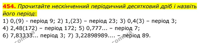 454. Прочитайте нескінченний періодичний десятковий дріб і назвіть його період: — ГДЗ Математика 6 клас Кравчук 2023