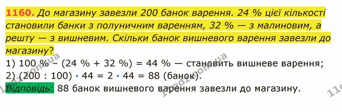 1160. До магазину завезли 200 банок варення. 24 % цієї кількості становили банки з полуничним варенням, 32 % — з малиновим, а решту — з — ГДЗ Математика 5 клас Мерзляк