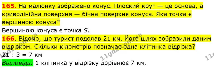 165. На малюнку зображено конус. Плоский круг — це основа, а криволінійна поверхня — бічна поверхня конуса. Яка точка є вершиною — ГДЗ Математика 3 клас Будна 1-2 ч.