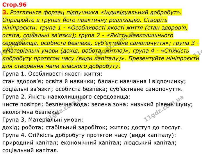 3. Розгляньте форзац підручника «Індивідуальний добробут». Опрацюйте в групах його практичну реалізацію. Створіть мініпроєкти: група 1 — ГДЗ Робочий зошит Біологія 8 клас Кулініч