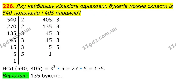 226. Яку найбільшу кількість однакових букетів можна скласти із 540 тюльпанів і 405 нарцисів? — ГДЗ Математика 6 клас Тарасенкова 2023 1-2 ч.